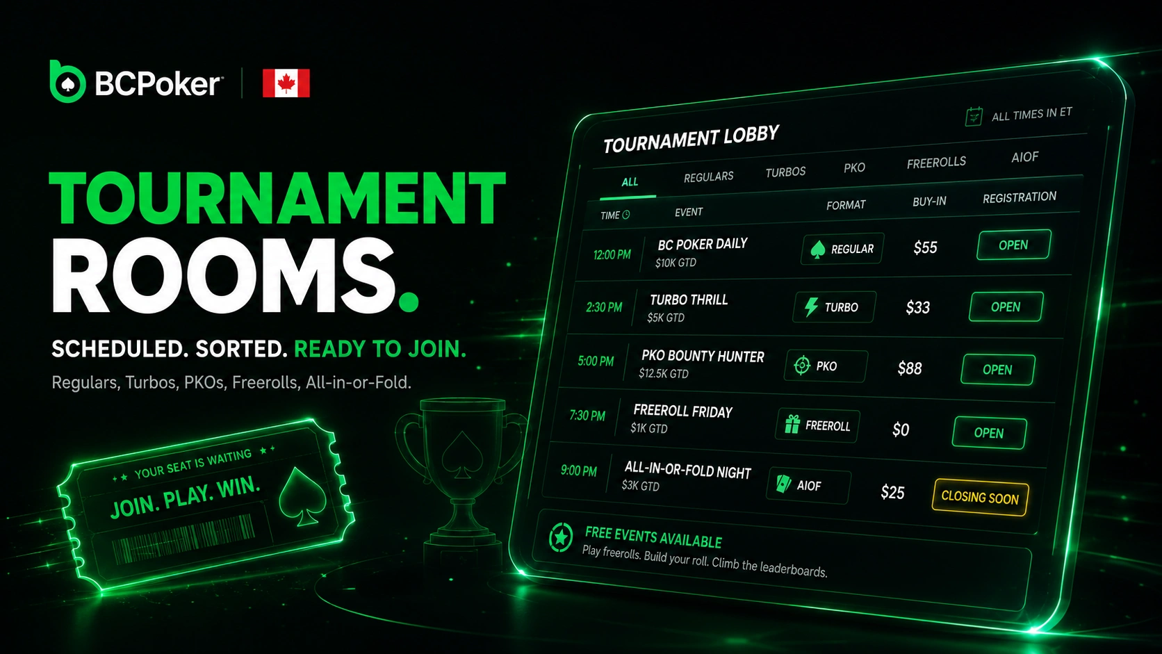 BC Poker Tournament Lobby and Event Schedule in Canada